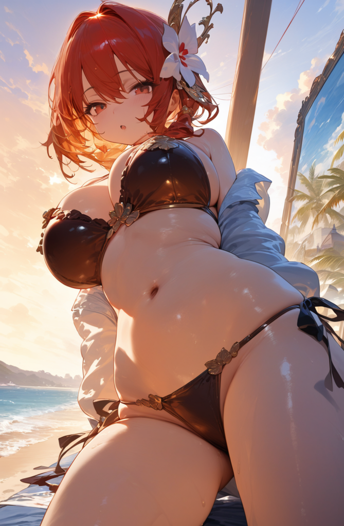 下乳がエロい赤髪ギャル